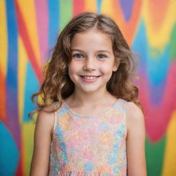 A portrait of a young girl with sparkling eyes and a charming smile, wearing a summer dress against a colorful backdrop.