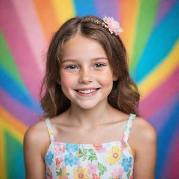 A portrait of a young girl with sparkling eyes and a charming smile, wearing a summer dress against a colorful backdrop.