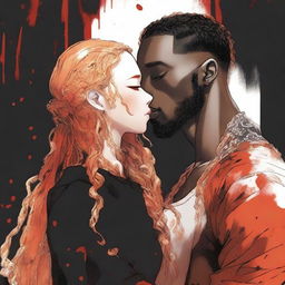 A manga-style book cover featuring a black man with golden eyes, braids, and a goat beard kissing a white woman with long orange hair