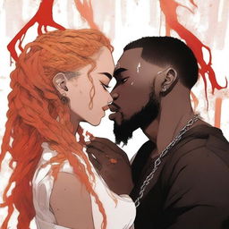 A manga-style book cover featuring a black man with golden eyes, braids, and a goat beard kissing a white woman with long orange hair