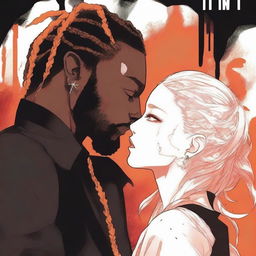 A manga-style book cover featuring a black man with golden eyes, braids, and a goat beard kissing a white woman with long orange hair