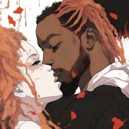 A manga-style book cover featuring a black man with golden eyes, braids, and a goat beard kissing a white woman with long orange hair