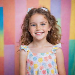 A portrait of a young girl with sparkling eyes and a charming smile, wearing a summer dress against a colorful backdrop.