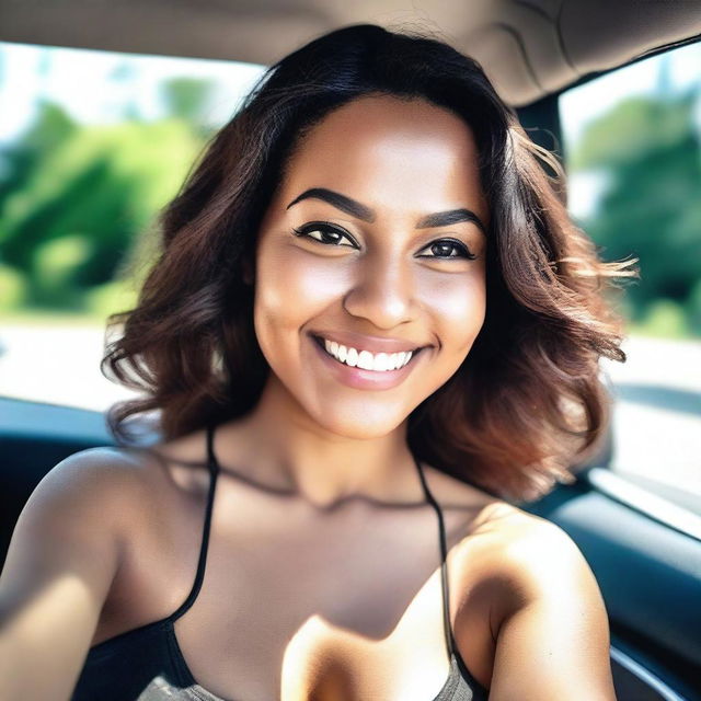 A high-quality smartphone selfie featuring a young woman in her 20's with a large bust, showing ample cleavage