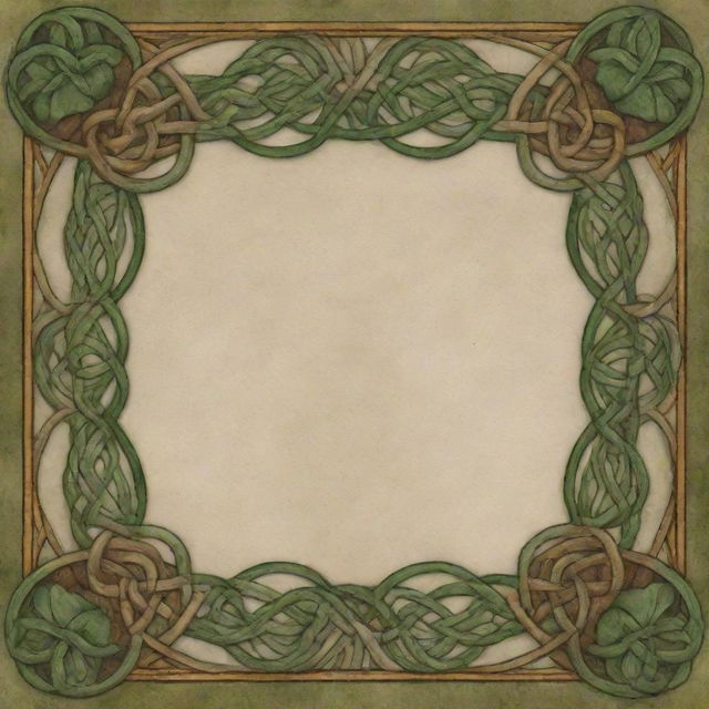 An intricately detailed Celtic knot border, filled with a mixture of rich greens and earthy browns, encircling a soft parchment backdrop.