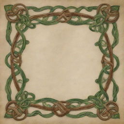 An intricately detailed Celtic knot border, filled with a mixture of rich greens and earthy browns, encircling a soft parchment backdrop.