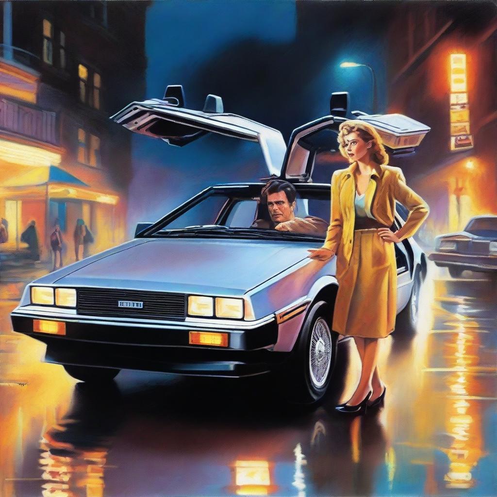 A high-quality oil painting showcases a man and a woman standing beside a DeLorean, its driver's side gullwing door open