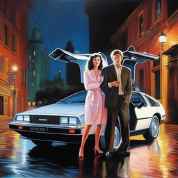 A high-quality oil painting showcases a man and a woman standing beside a DeLorean, its driver's side gullwing door open