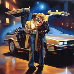 A high-quality oil painting showcases a man and a woman standing beside a DeLorean, its driver's side gullwing door open