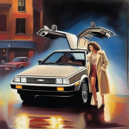 A high-quality oil painting showcases a man and a woman standing beside a DeLorean, its driver's side gullwing door open