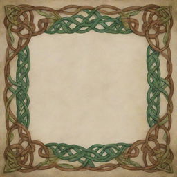 An intricately detailed Celtic knot border, filled with a mixture of rich greens and earthy browns, encircling a soft parchment backdrop.