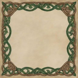 An intricately detailed Celtic knot border, filled with a mixture of rich greens and earthy browns, encircling a soft parchment backdrop.