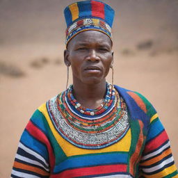 A Ndebele man dressed in vibrant and colorful traditional attire. He proudly showcases his culture through intricately patterned garments, adorned with various cultural accessories.