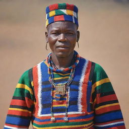 A Ndebele man dressed in vibrant and colorful traditional attire. He proudly showcases his culture through intricately patterned garments, adorned with various cultural accessories.