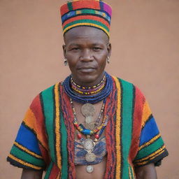 A Ndebele man dressed in vibrant and colorful traditional attire. He proudly showcases his culture through intricately patterned garments, adorned with various cultural accessories.