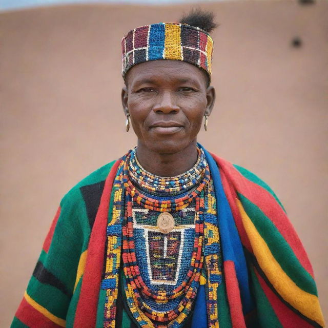 A Ndebele man dressed in vibrant and colorful traditional attire. He proudly showcases his culture through intricately patterned garments, adorned with various cultural accessories.