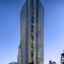 A stunning, ultra-modern high-rise building, reflective glass facade, under clear blue skies