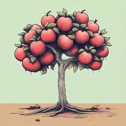 This is a high-quality illustration of a small, sad, homeless apple tree