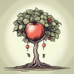 This is a high-quality illustration of a small, sad, homeless apple tree