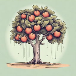 This is a high-quality illustration of a small, sad, homeless apple tree