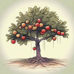 This is a high-quality illustration of a small, sad, homeless apple tree