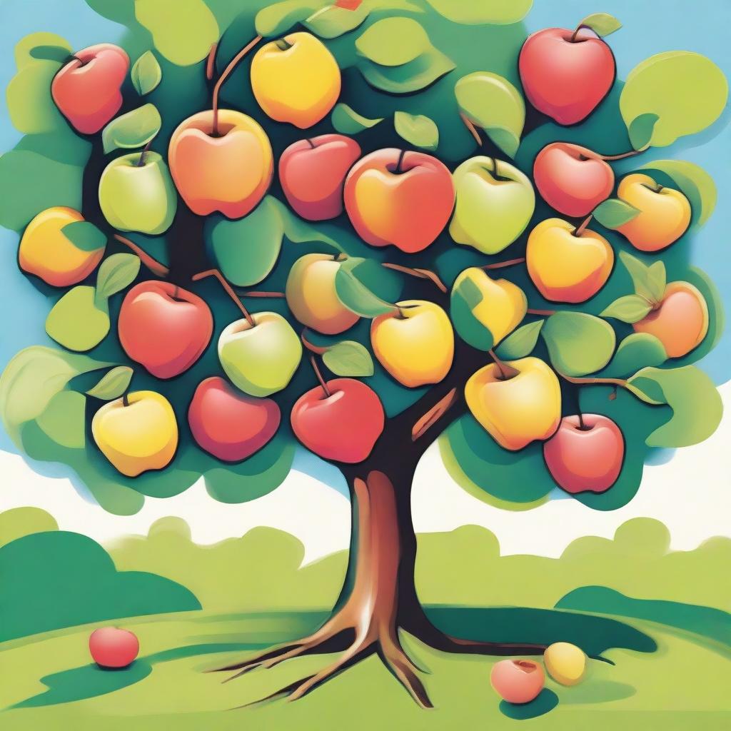 A vibrant, high-quality illustration of a small apple tree, now happy and thriving