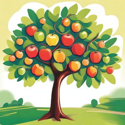 A vibrant, high-quality illustration of a small apple tree, now happy and thriving