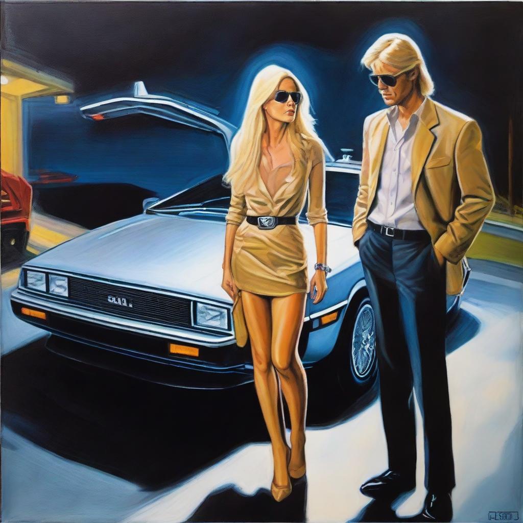 An expertly crafted oil painting depicts a scene at night, where a woman with long blonde hair and a taller man with dirty blonde hair and sunglasses stand next to an open DeLorean