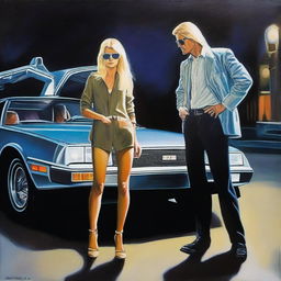 An expertly crafted oil painting depicts a scene at night, where a woman with long blonde hair and a taller man with dirty blonde hair and sunglasses stand next to an open DeLorean