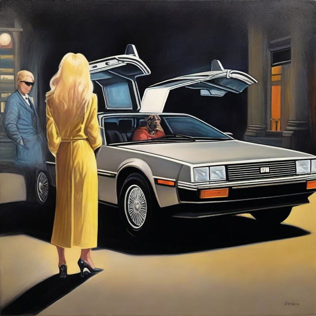 An expertly crafted oil painting depicts a scene at night, where a woman with long blonde hair and a taller man with dirty blonde hair and sunglasses stand next to an open DeLorean