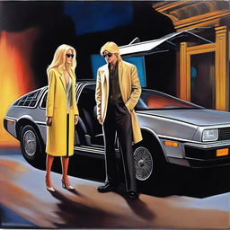 An expertly crafted oil painting depicts a scene at night, where a woman with long blonde hair and a taller man with dirty blonde hair and sunglasses stand next to an open DeLorean