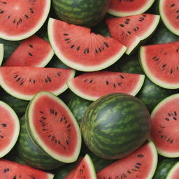 Revise the lush garden, now with a freshly cut, juicy watermelon revealing its vibrant red flesh and black seeds amongst the fruits.