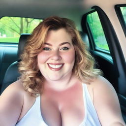 A high-resolution smartphone selfie capturing a large-breasted, chubby white woman in her 20's, showing generous cleavage