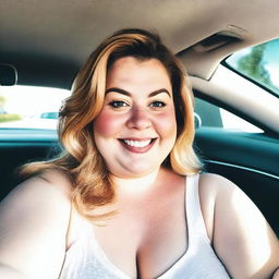 A high-resolution smartphone selfie capturing a large-breasted, chubby white woman in her 20's, showing generous cleavage