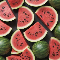 Revise the lush garden, now with a freshly cut, juicy watermelon revealing its vibrant red flesh and black seeds amongst the fruits.