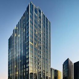 A stunning, ultra-modern high-rise building, reflective glass facade, under clear blue skies