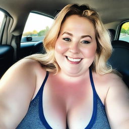 A high-resolution smartphone selfie capturing a large-breasted, chubby white woman in her 20's, showing generous cleavage