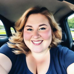 A high-resolution smartphone selfie capturing a large-breasted, chubby white woman in her 20's, showing generous cleavage