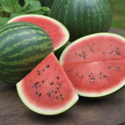 Revise the lush garden, now with a freshly cut, juicy watermelon revealing its vibrant red flesh and black seeds amongst the fruits.