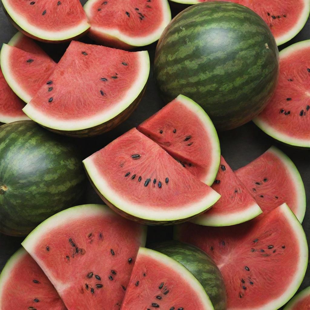 Revise the lush garden, now with a freshly cut, juicy watermelon revealing its vibrant red flesh and black seeds amongst the fruits.