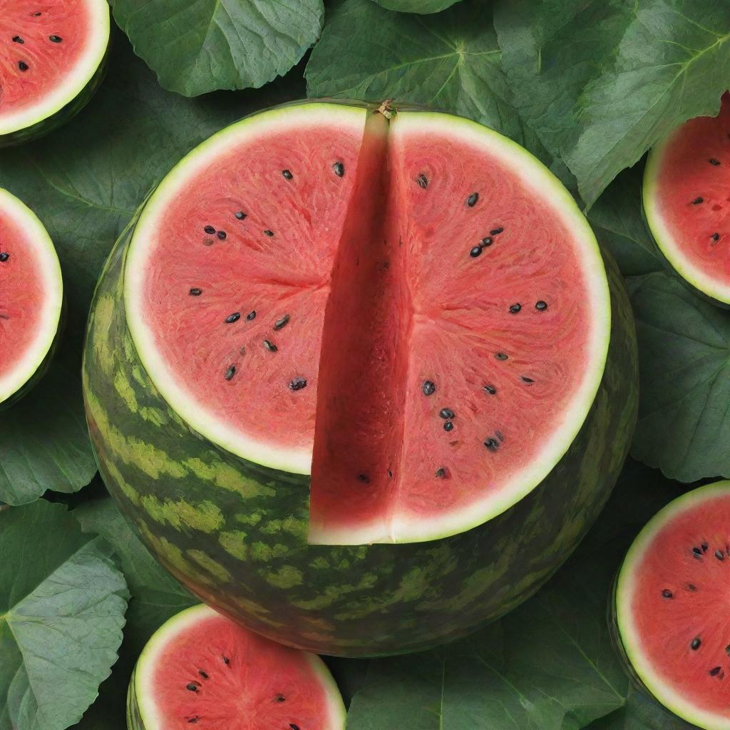 Revise the lush garden, now showcasing a freshly cut, juicy watermelon exposing its red interior and seeds, placed prominently amidst the vegetation.