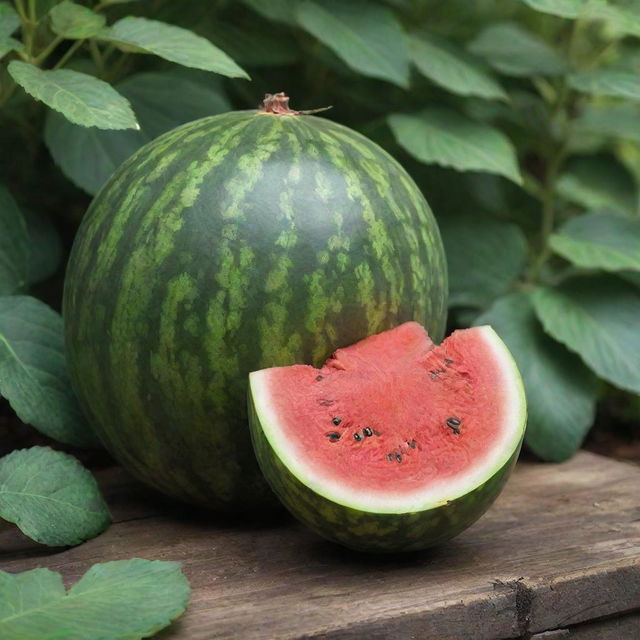 Revise the lush garden, now showcasing a freshly cut, juicy watermelon exposing its red interior and seeds, placed prominently amidst the vegetation.