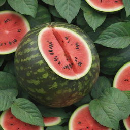 Revise the lush garden, now showcasing a freshly cut, juicy watermelon exposing its red interior and seeds, placed prominently amidst the vegetation.