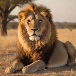 A majestic lion basking in the golden light of a setting sun on an African savannah.