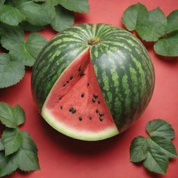 Revise the lush garden, now showcasing a freshly cut, juicy watermelon exposing its red interior and seeds, placed prominently amidst the vegetation.