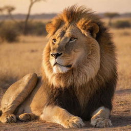 A majestic lion basking in the golden light of a setting sun on an African savannah.