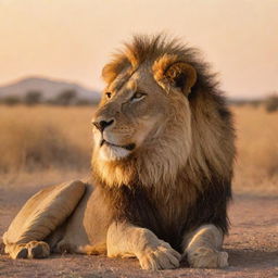 A majestic lion basking in the golden light of a setting sun on an African savannah.