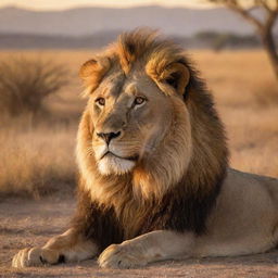 A majestic lion basking in the golden light of a setting sun on an African savannah.