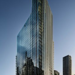 A stunning, ultra-modern high-rise building, reflective glass facade, under clear blue skies