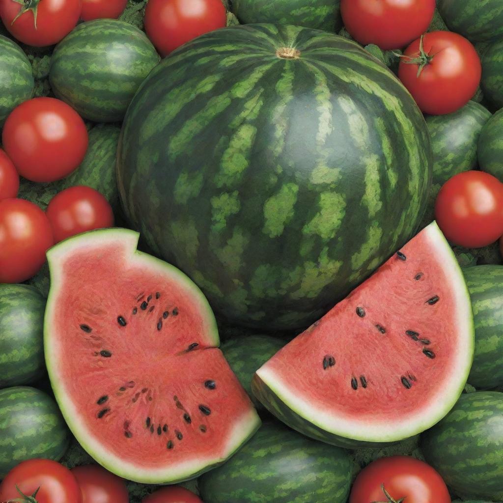 Modify the lush garden image to include a freshly cut, juicy watermelon revealing its vibrant red flesh and black seeds, with hidden patches of ripe tomatoes and underground potatoes.